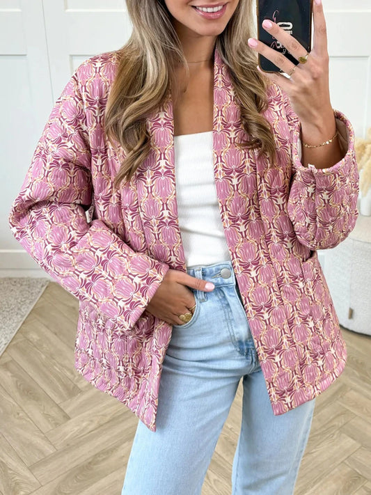 2024 New Fashion Women Winter Padded Jacket Vintage Print Open Front Quilted Long Sleeve Coat Cardigan
