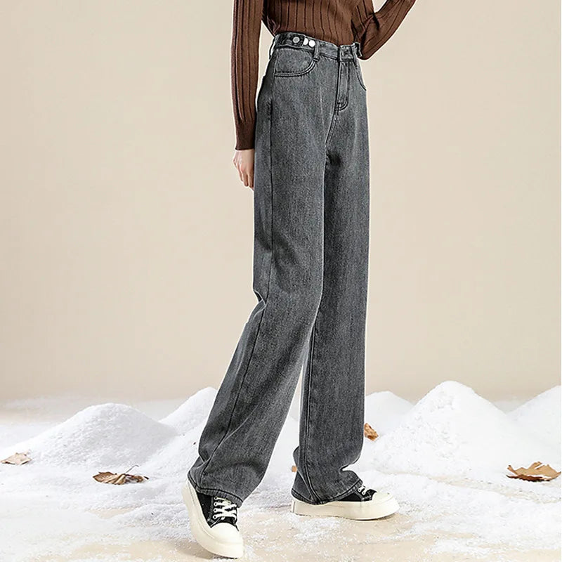 Women Winter Pants Blue Jeans Woman Korean Fashion Straight Leg Jeans Streetwear Y2k Denim Female Clothing Women'S High Waist
