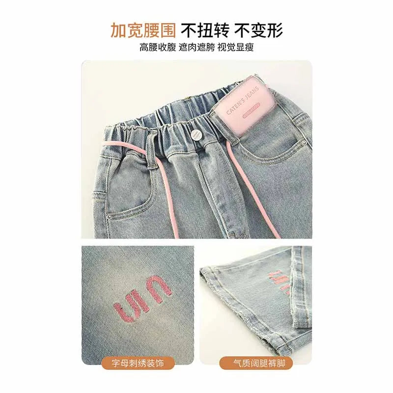 Pantalones vaqueros con letras para niñas, pantalón holgado e informal, elástico, recto, para primavera y otoño, de 2 a 12 años