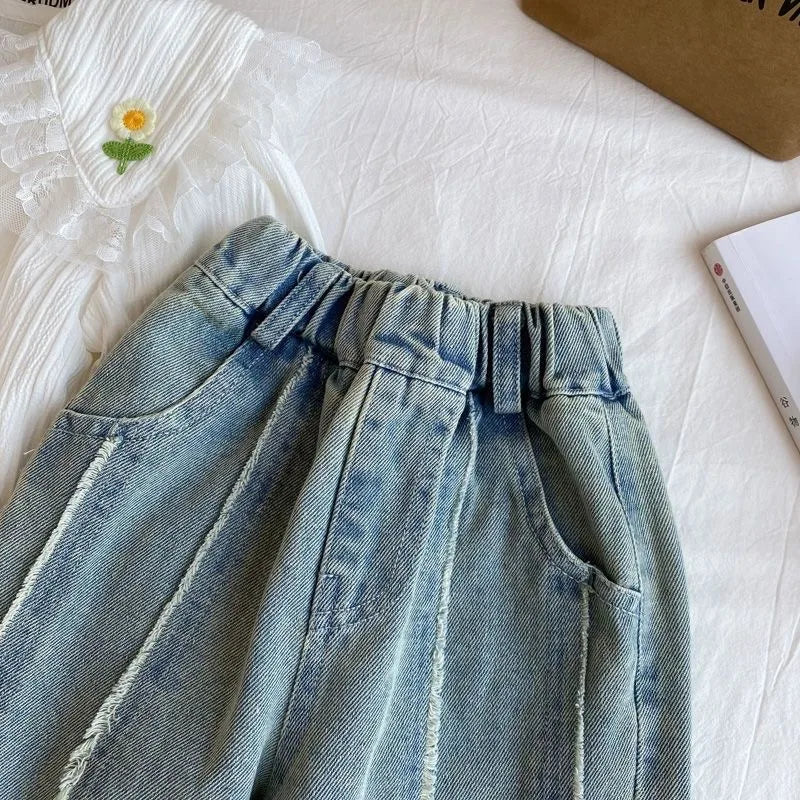 Girls Pants Spring and Autumn New Korean Fashionable All-match Straight Leg Casual Jeans Wide Leg Pants Kids Clothes