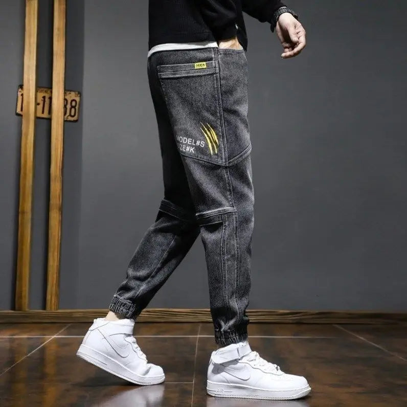 Spring Autumn 2022 New Denim Jeans Men's Elastic Waist Loose Students Teenagers Cowboy Streetwear Harem Leg Long Track Pants Men
