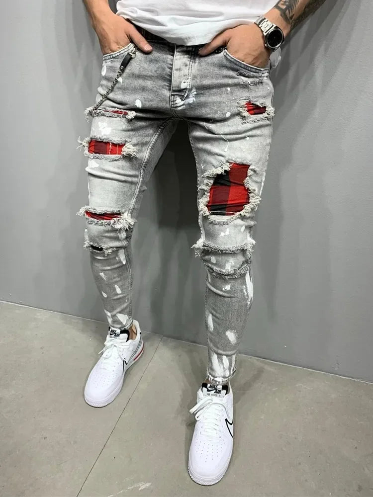 Pantalones vaqueros con estampado de rayas para hombre, de algodón elástico, rotos, ajustados, de alta calidad, estilo hip hop, con agujeros negros, ajustados, de gran tamaño.