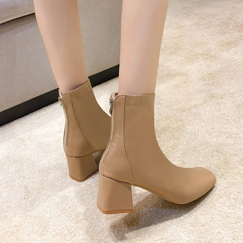 Casual Women's Thick Heel Medium Heel Boots Women's New Winter Square Toe Back Zipper Heightening Short Boots