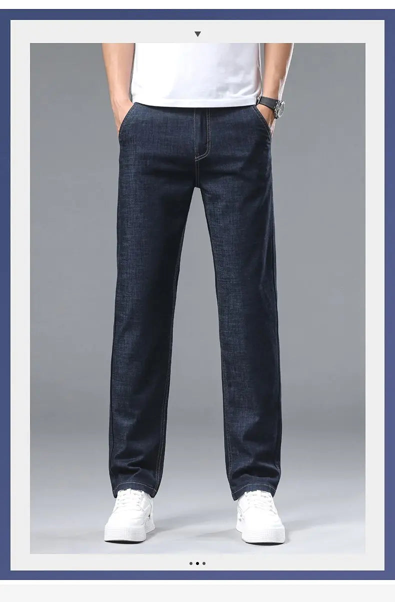 Spring Summer Business Jeans Men Light Blue Casual Straight Stretch Fashion Classic Work Denim Trousers Brand Clothing