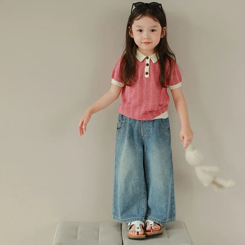 Pantalones vaqueros de cintura alta y pierna ancha para niñas de 3 a 8 años, lisos, con múltiples bolsillos y cintura elástica, pantalones vaqueros casuales de moda para niños.