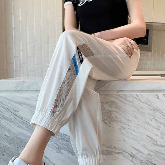 Fashion Straight Casual Drawstring Pants Streetwear Quick Dry Wide Leg Loose Pants Mesh Hollow Mesh Sweat Pants Women Sports