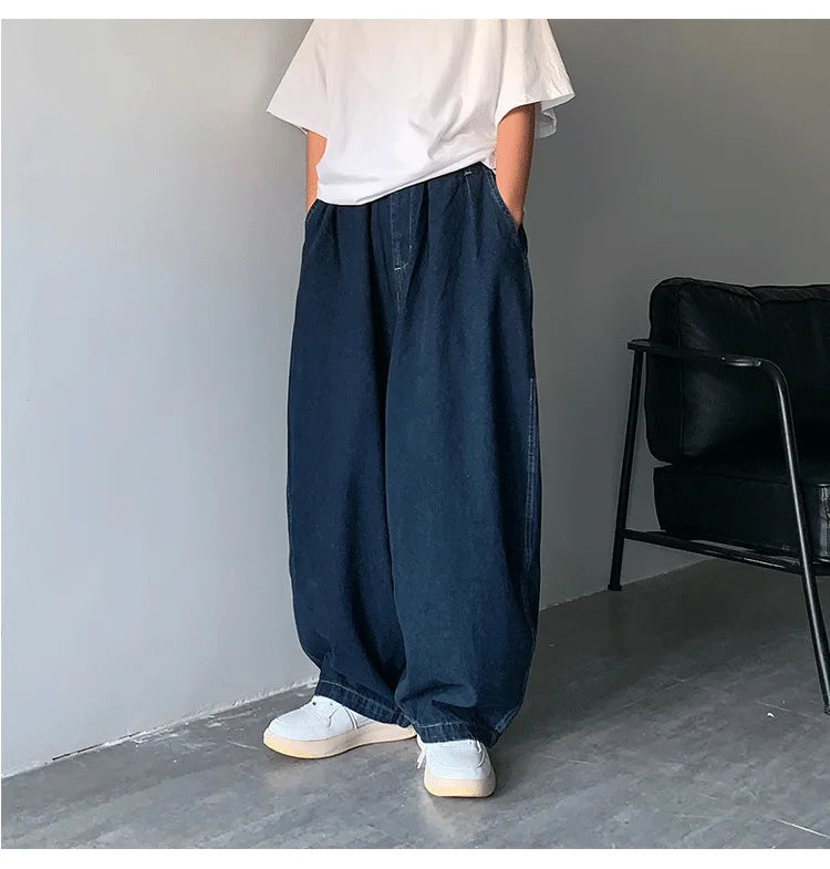 Pantalones vaqueros de pierna ancha para hombre, pantalones vaqueros largos, pantalones rectos, cintura elástica, bolsillo, sueltos, casuales, regulares, sólidos, empalmados, otoño e invierno.