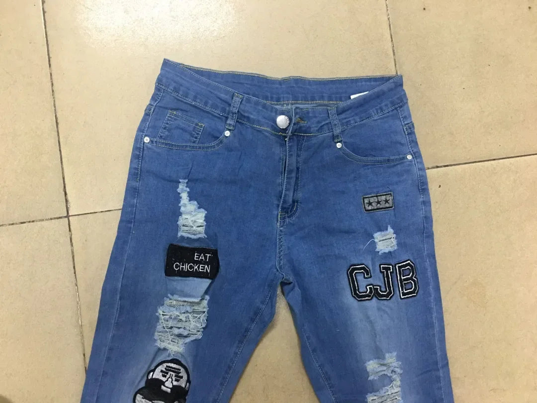 Punk Denim Pants Men Jeans Skinny Ripped Hole Patchwork Slim Pencil Denim Hip Pop Trousers Autumn Plus Size Streetwear Men's