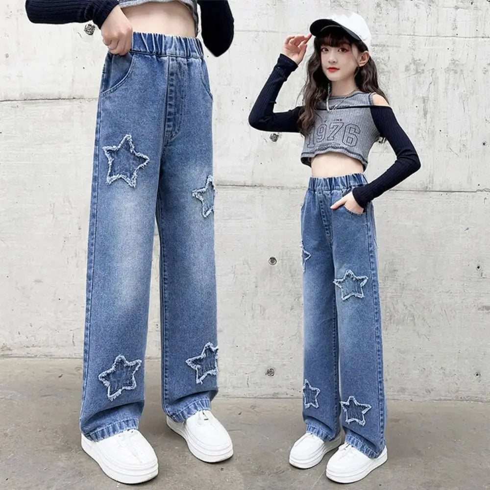 Embroidered Stars Teens Girl Jeans Loose Wide Leg Children Y2K Jeans High Waist Cowboy Pants Girls Denim Trousers Streetwear
