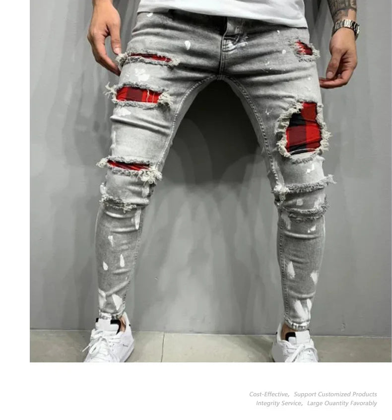 Pantalones vaqueros ajustados de cintura media con agujeros desgastados para hombre, estilo urbano, hasta el tobillo, lavados, 2025