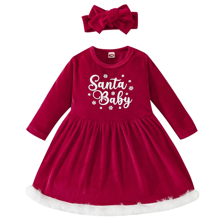 Children Christmas Party Dress Velvety with Fluffy Trim Hooded V-Neck Xmas Gown with Waist Bow Girl Red Christmas Dress