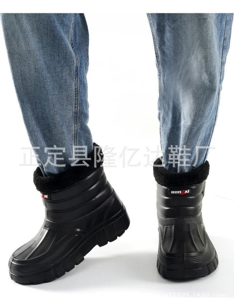 Winter Rain Boots Men Windproof Work Shoes Ankle EVA Rainboots Plush Warm Lightweight Black Slip On Anti-slip Wear-resistant