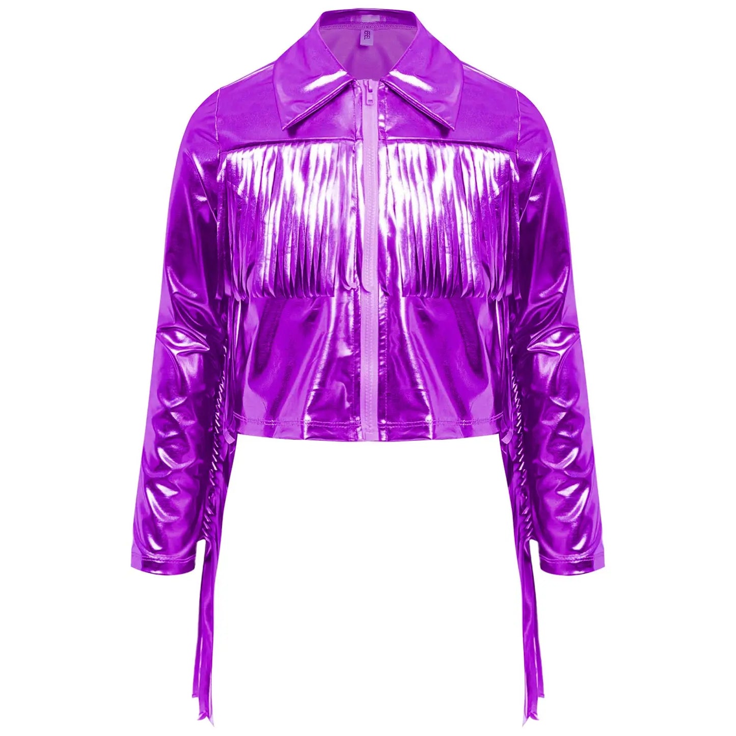 Kids Girls Tassels Metallic Jacket Top Fringe Shiny Turn-Down Collar Long Sleeve Zipper Jacket Coat for Hip Hop Street Dance