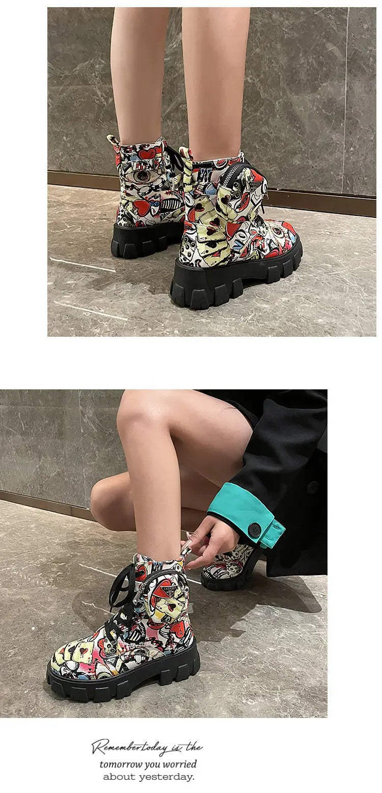 Thick-soled Women's Ankle Boots Fashion Printed Women Shoes High Quality Non-slip Motorcycle Boots New Gothic Style Women Boots