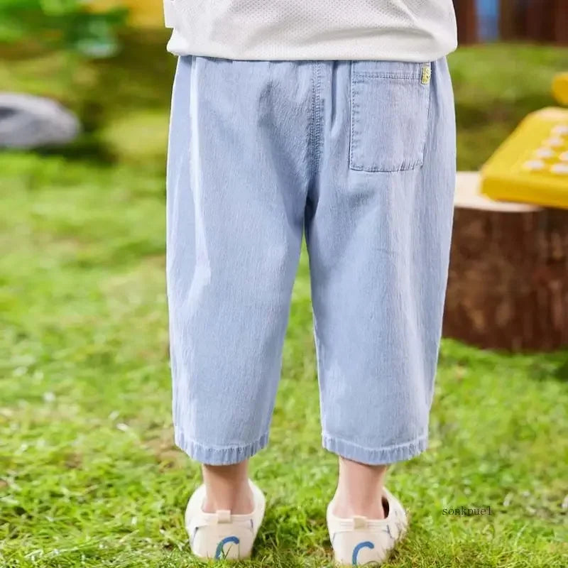 Pantalones vaqueros para niños, pantalones vaqueros para niños, pantalones vaqueros sencillos de verano a la moda para bebés, pantalones vaqueros casuales lavados con cintura elástica