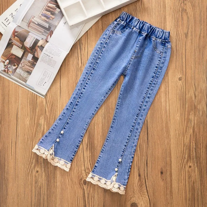 2-12 Year Old Girls Jeans Fashion Lace Elastic Denim Flared Pants Spring Autumn Solid Color Trousers Teenager Kids Girl Clothing
