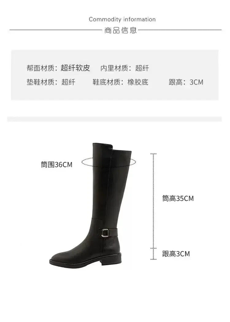 New Pu Leather Knee Boots Shoes for Women Buckle Metal Decoration Fashion Outdoor Ladies Footwear Size 34-41 Long Black Botas