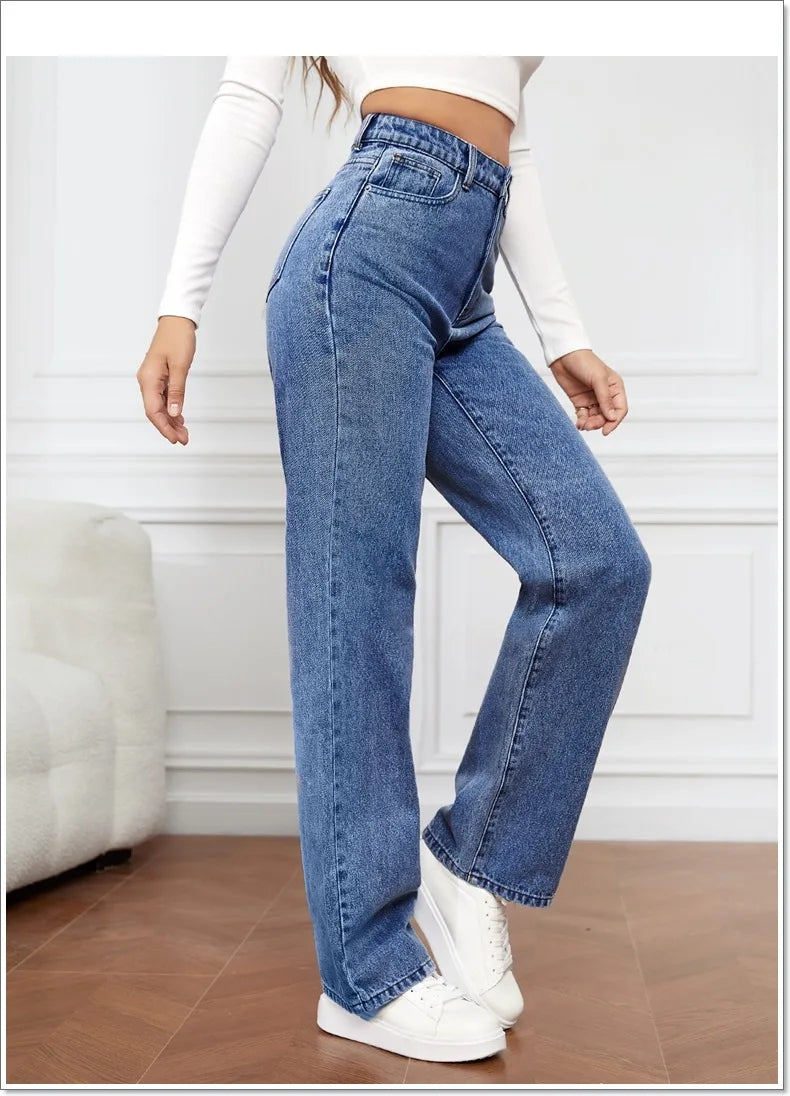 Pantalones vaqueros rectos para mujer, lavados, cintura alta, holgados, bolsillos, básicos, hasta el tobillo, color liso, ligeramente elásticos.