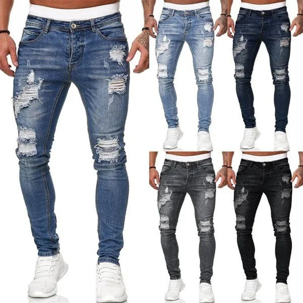 Ripped Mid Waist Slim Fit Men Jeans Vintage Denim Wash Solid Punk Style Skinny Pencil Pants Distressed Holes Ankle Length