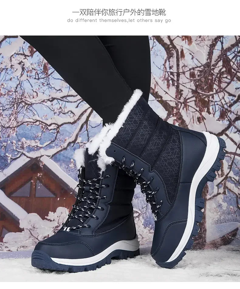 Winter Women's Waterproof High Heel Boots Strap Up Flat Heel Boots Warm Snow Shoes, Plush Outdoor Fashion Casual Boots