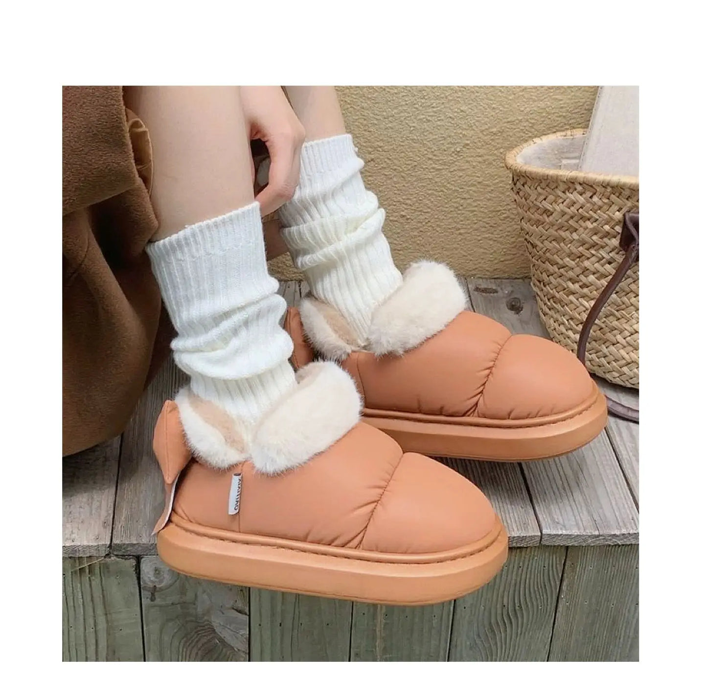 Bow Knot Short Ankle Snow Boots Women Winter Plush And Thick Insulation Waterproof PU Cotton Household Shoes Home Slipper Women