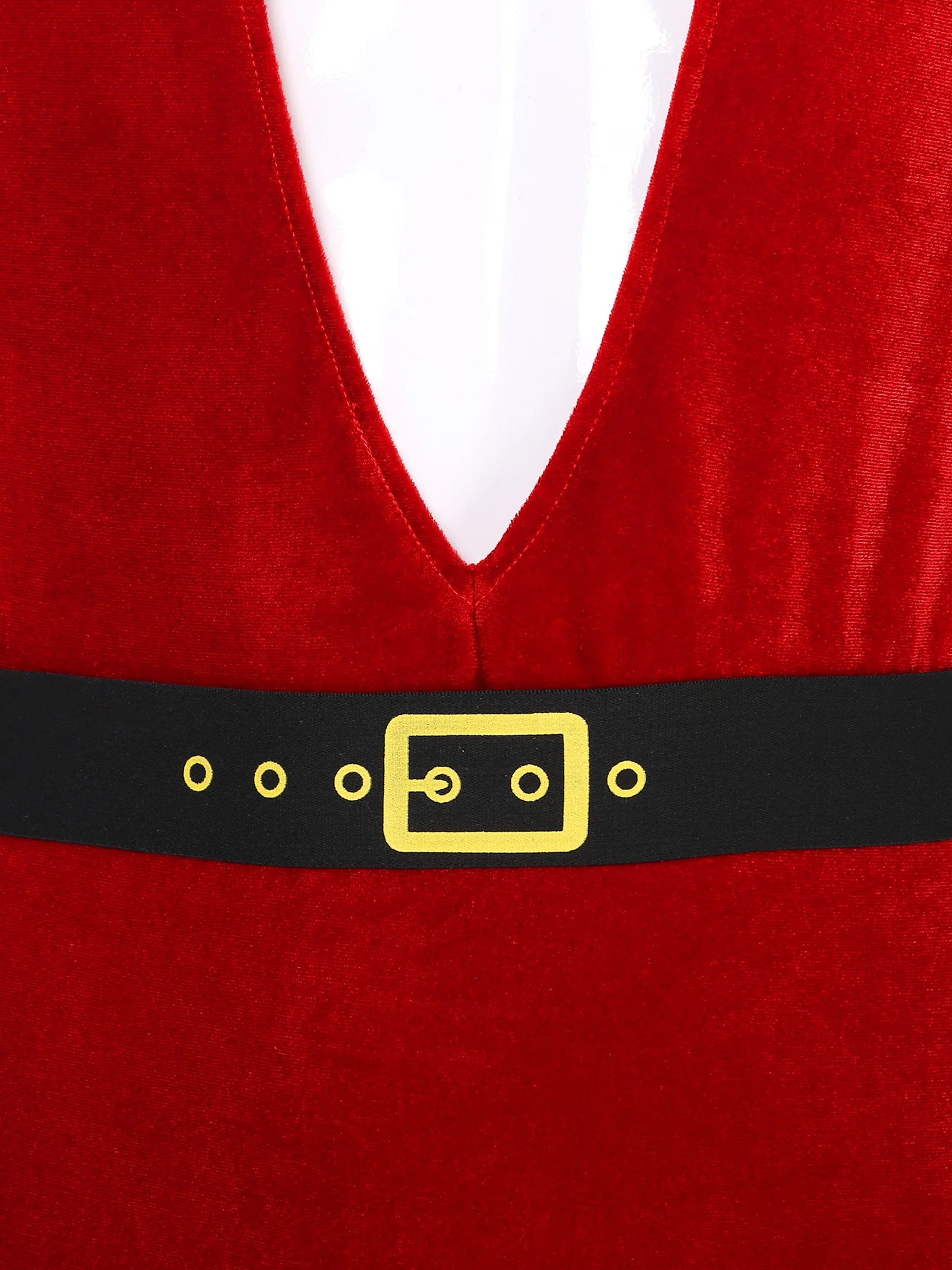 Mono de terciopelo suave sin mangas con escote en V profundo, sin mangas, con cinturón y pajarita con ribete de plumas, ideal para fiestas navideñas masculinas.