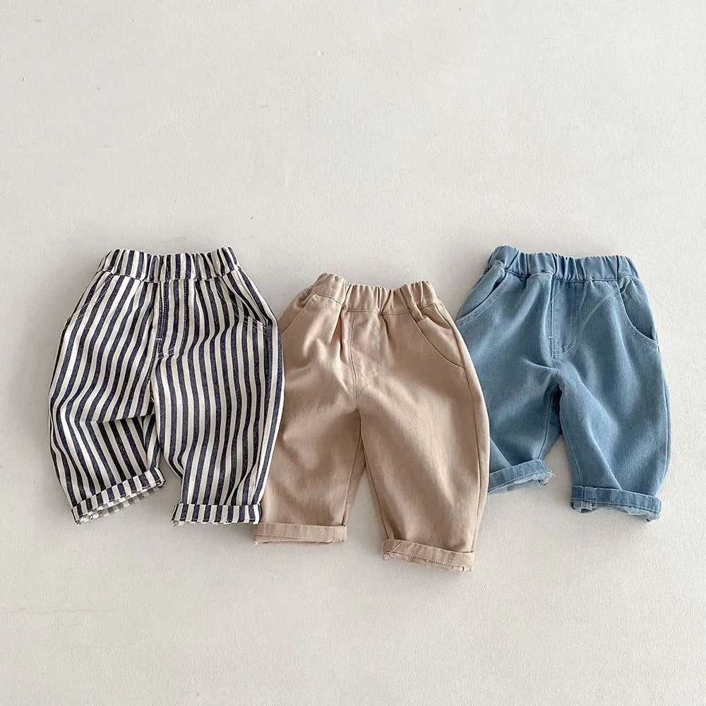1-5Y Kid's Jeans Loose Solid Boys Denim Pants Patchwork Pocket Girls Straight Trousers Casual Kids Outdoor Pants
