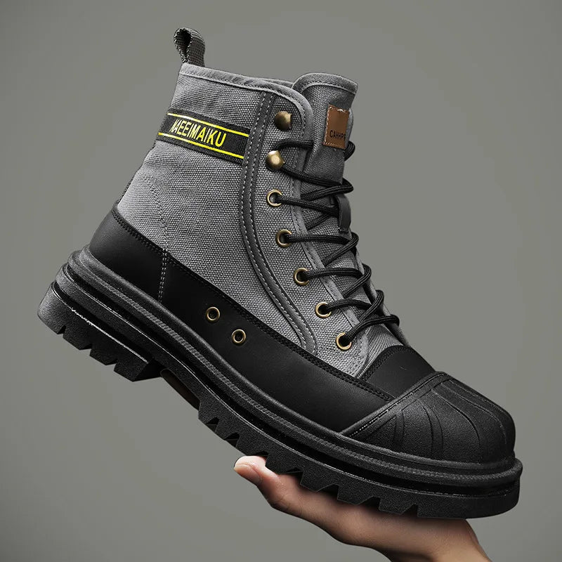 Botines de lona de caña alta para hombre, de diseño moderno, botas de trabajo para exteriores de alta calidad, botines de plataforma para motociclistas