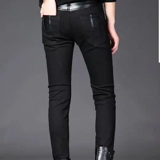 Luxury Men's Jeans Korean Style Slim Jeans for Men New Casual Black with PU Leather Splice and Zipper Desinger Nightclub Pants