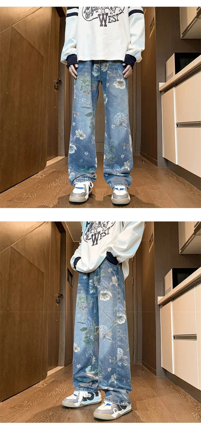 Autumn Floral Printed Jeans For Men 2024 New Y2K Vintage Denim Pants Hip Hop Fashion Wide-leg Baggy Jean Streetwear Trousers
