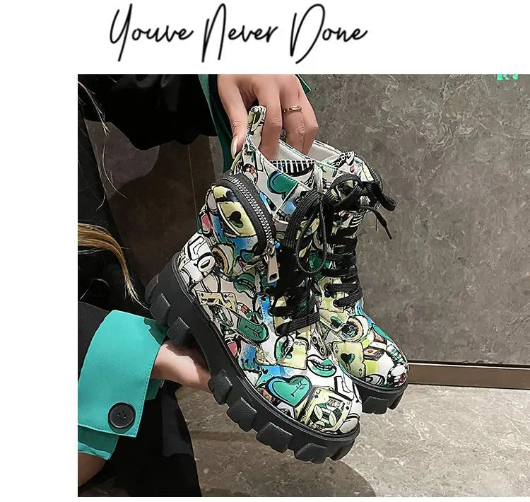 Thick-soled Women's Ankle Boots Fashion Printed Women Shoes High Quality Non-slip Motorcycle Boots New Gothic Style Women Boots