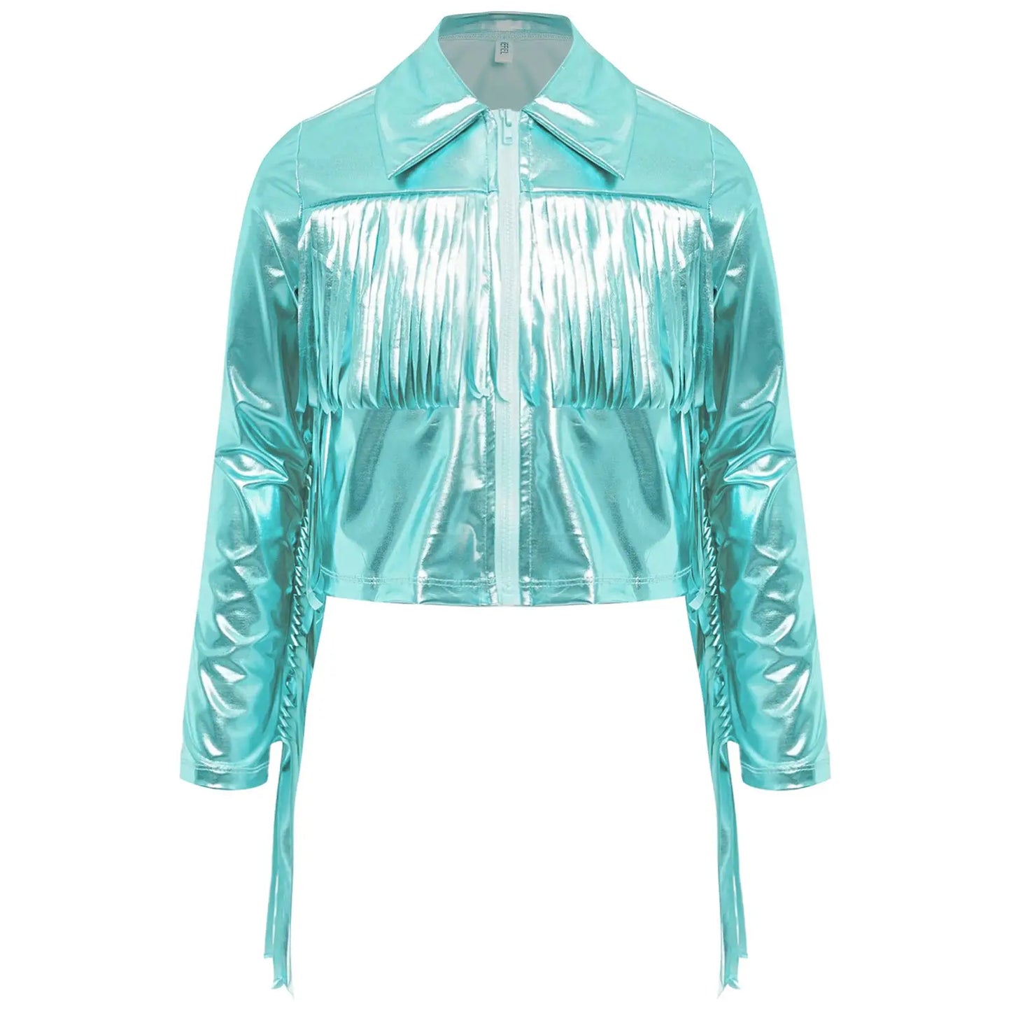 Kids Girls Tassels Metallic Jacket Top Fringe Shiny Turn-Down Collar Long Sleeve Zipper Jacket Coat for Hip Hop Street Dance