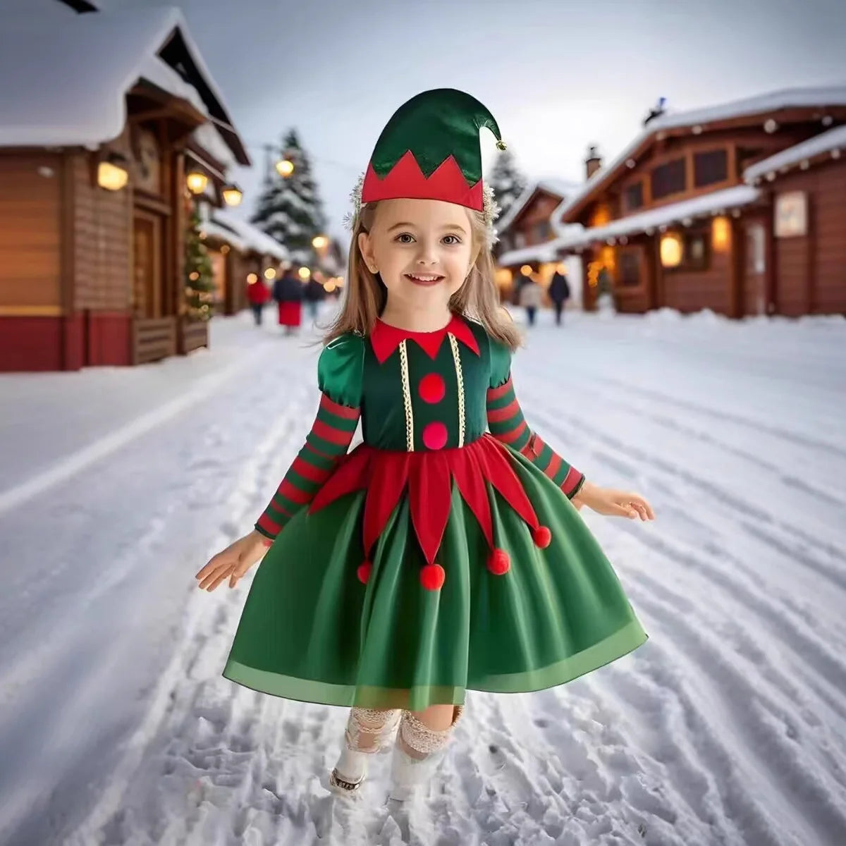 Déguisements de lutin de Noël pour filles et maman, ensemble deux pièces assorti (robe, chapeau, chaussettes, chaussures et ceinture). Cadeau idéal pour les fêtes.