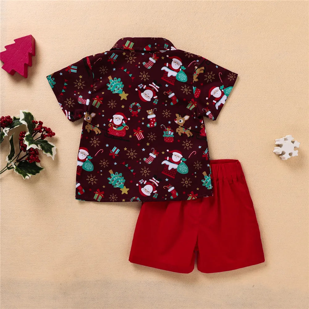 Ceeniu 1-5Y New Year Costume For Boy Christmas Outfit Santa Deer Printed Necktie Shirts and Red Pants Children Christmas Clothes