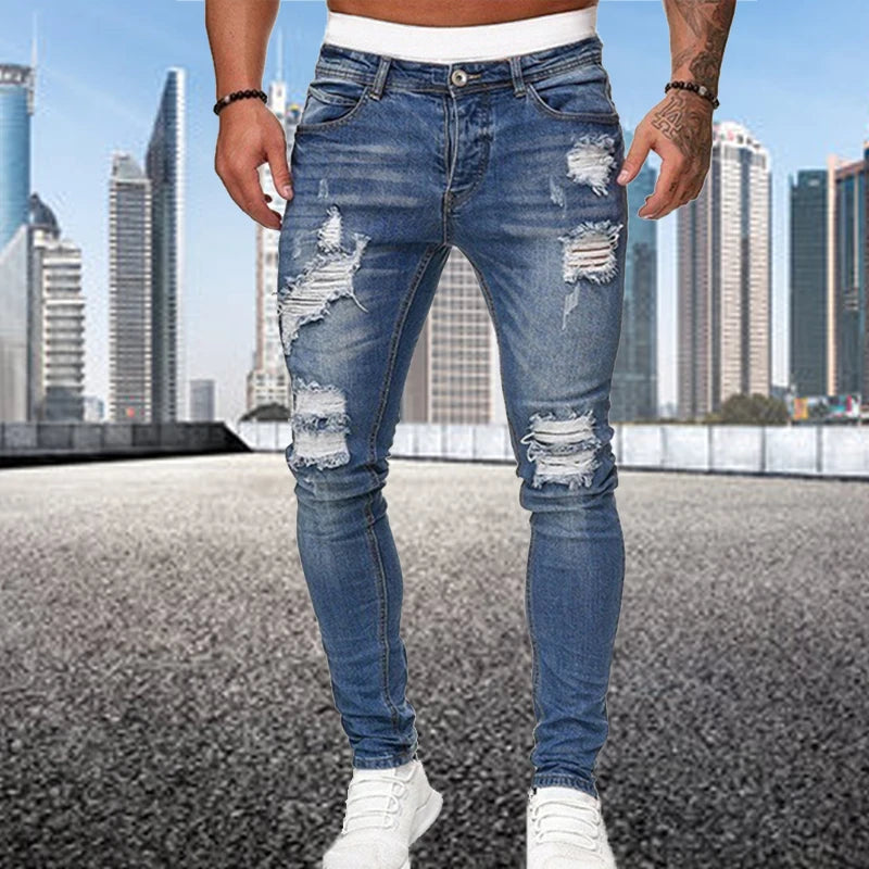 Men Jeans Fashion Street Hip-Hop Jeans Male Punk Style Denim Pants Summer Spring Men Stretchy Slim Fit High Quality Mans Jeans