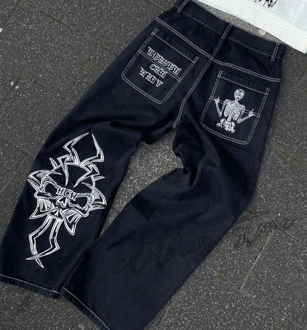Nuevos vaqueros holgados casuales de pierna ancha para hombre, vaqueros con estampado retro de hip hop, tendencia de moda, vaqueros negros de cintura alta Y2k, ropa para hombre 2023