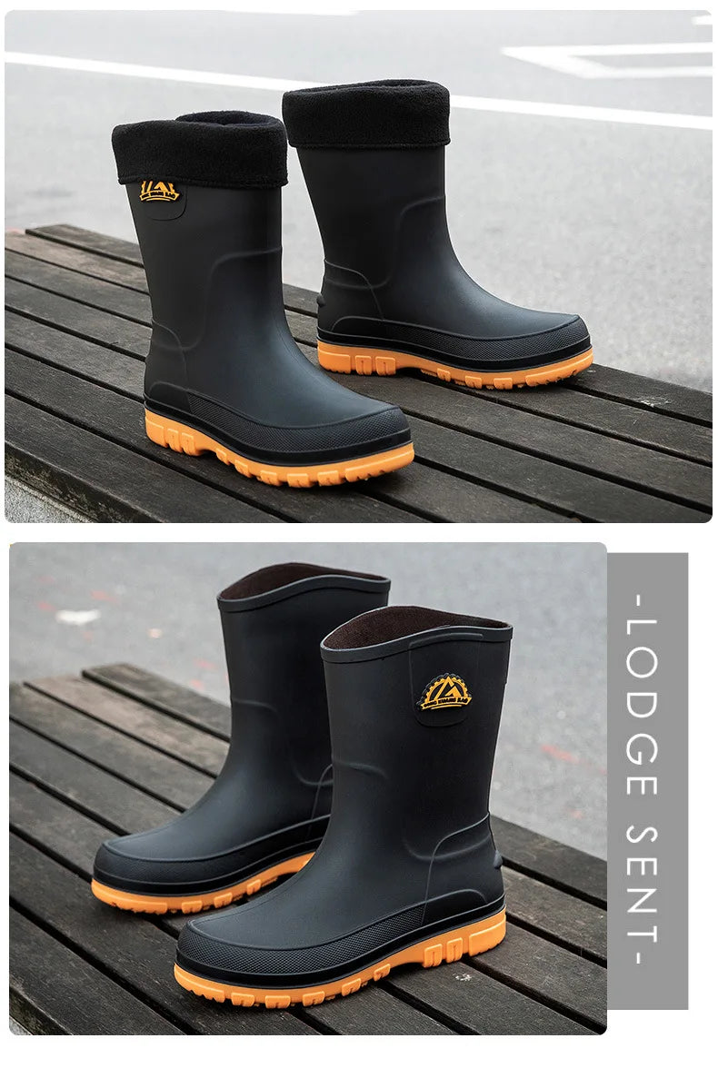 Bottes de pluie décontractées pour hommes, imperméables et antidérapantes, tige mi-haute, chaussures de travail tendance en caoutchouc (prendre une pointure au-dessus pour les modèles en coton)