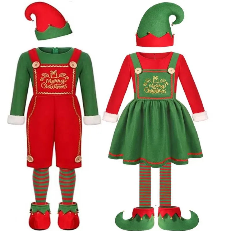 2025 Christmas Boys Cute Green Elf Costume New Year Family Party Festival Fancy Santa Claus Cosplay Outfit Set for Men Women
