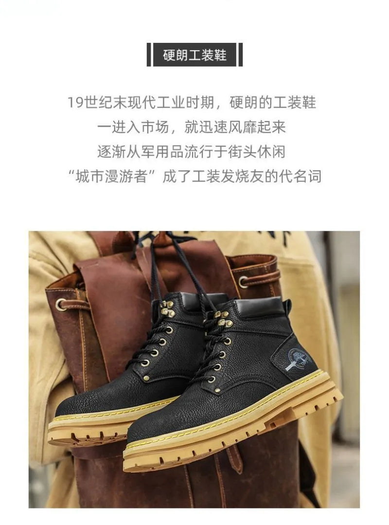 Botines de verano para hombre, cómodos botines de plataforma de cuero, botas de trabajo antideslizantes para hombre, botas altas de motociclista