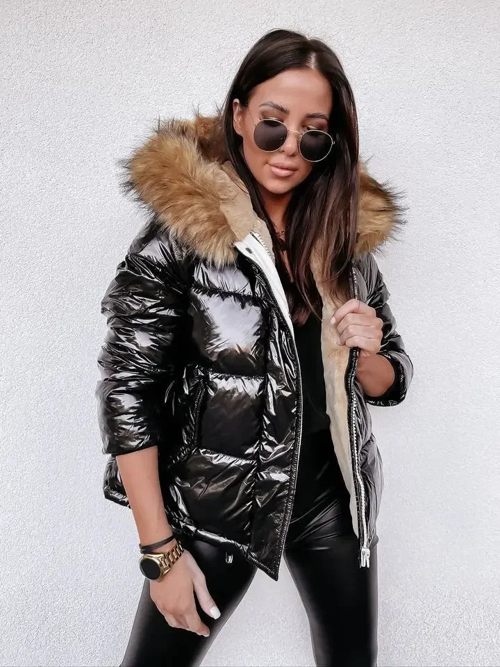 Womens Parkas Winter Hooded Loose Fitting Short Cotton Jacket Solid Color Fashionable Warm Zippered Cotton Jacket for Women
