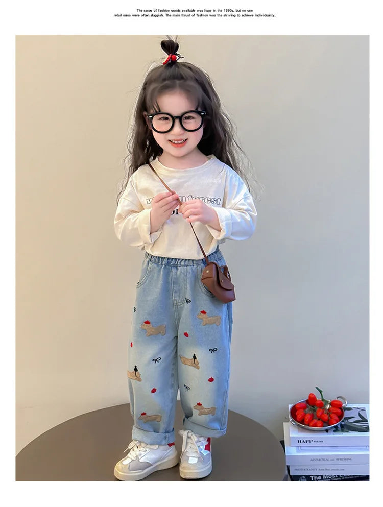 2025 New Girls Jeans Loose Straight Leg Pants for Toddler Baby Casual Wear Spring Autumn