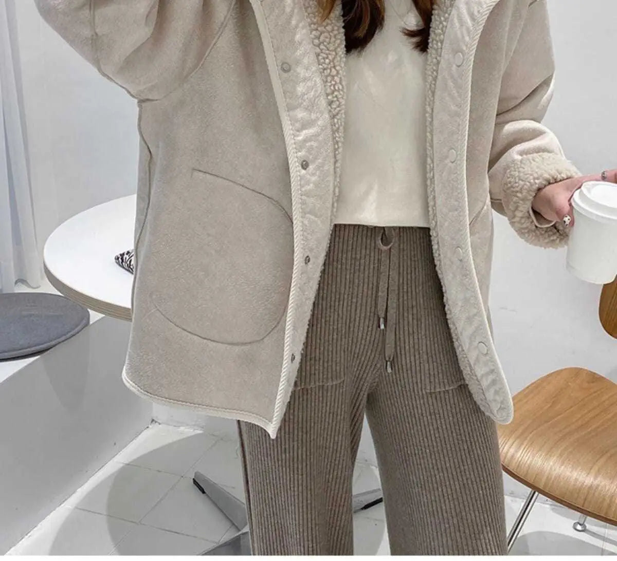 Lamb Wool Coat Women Parkas Thick Warm Coats Korean Solid Single Breasted Hooded Loose Tops Jacket Splice Regular Winter