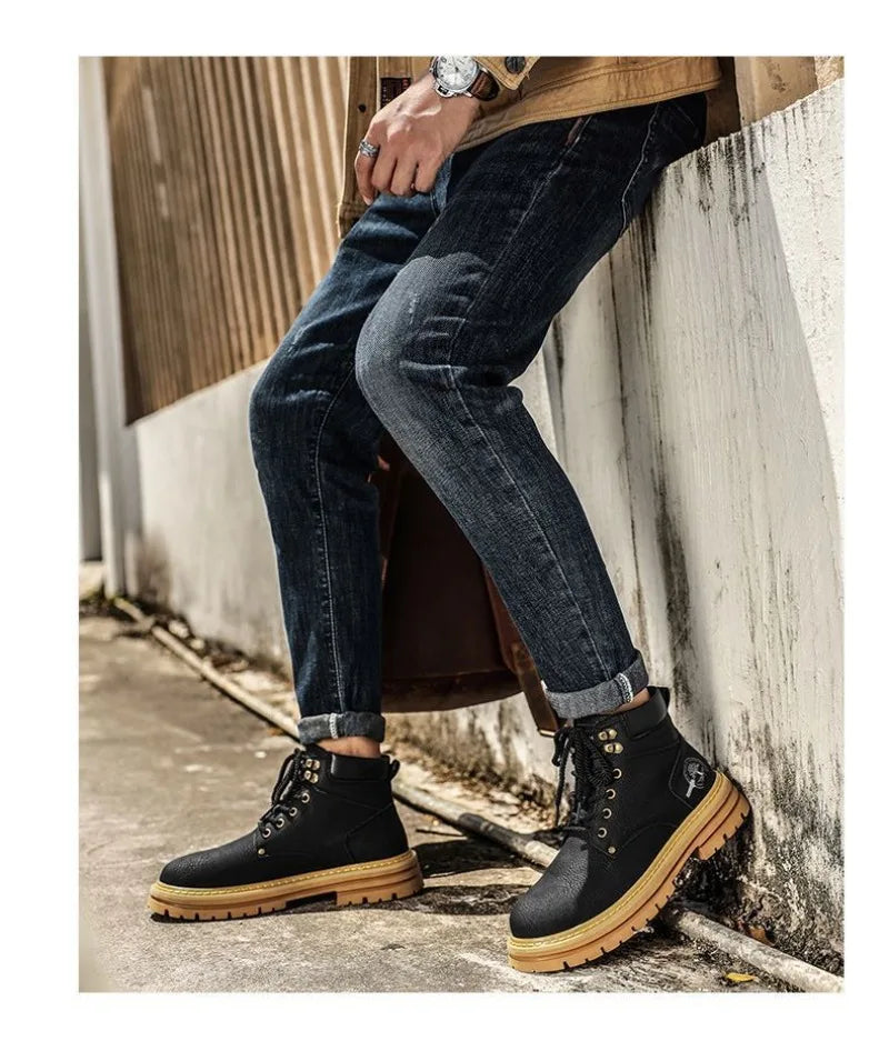 Botines de verano para hombre, cómodos botines de plataforma de cuero, botas de trabajo antideslizantes para hombre, botas altas de motociclista
