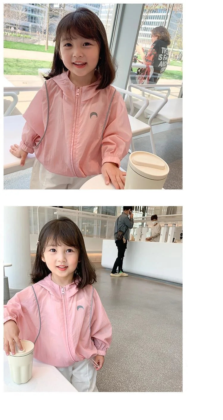 Summer Casual Lightweight Kids Sun Outfit Tops Baby Girls Loose Drawstring Hooded Zip Moon Coats Children Jackets 1-10 Years