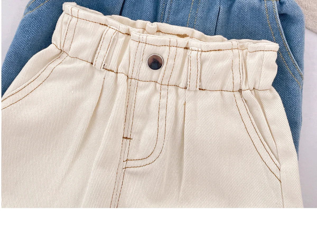 Vaqueros suaves de cintura alta para niños: pantalones casuales de color liso para bebés y niños, estilo coreano, otoño.