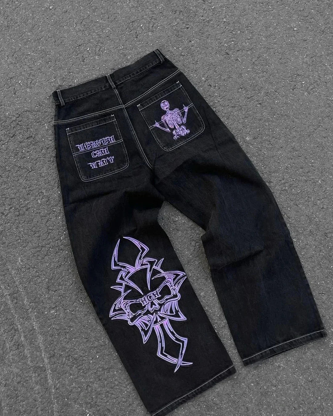 Nuevos vaqueros holgados casuales de pierna ancha para hombre, vaqueros con estampado retro de hip hop, tendencia de moda, vaqueros negros de cintura alta Y2k, ropa para hombre 2023