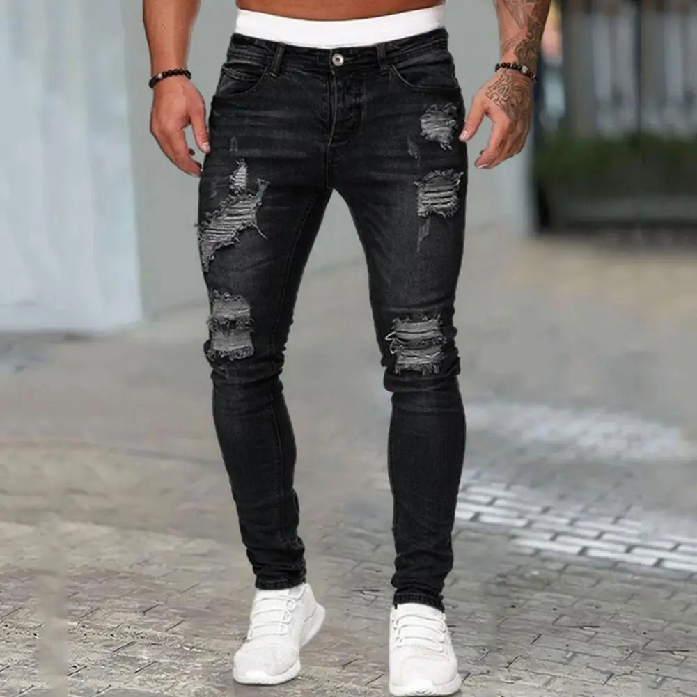 Pantalones vaqueros ajustados para hombre, elásticos, pintados, ajustados, rotos, desgastados, plisados, con parches en las rodillas, pantalones vaqueros casuales de marca para hombre