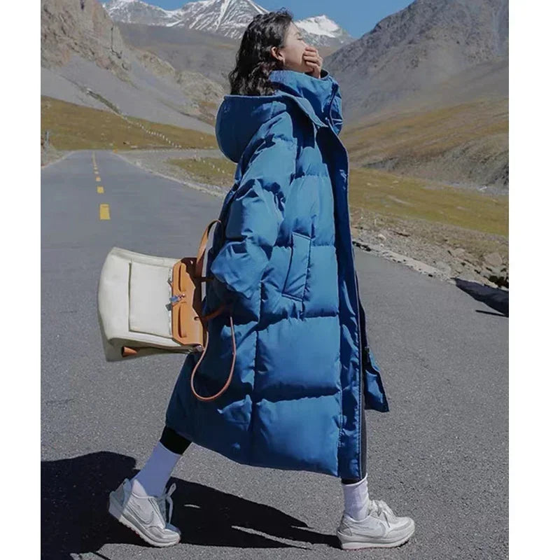 New Winter 2024 Women's Long Jacket Jacket Thickened Korean Loose Stylish Windproof Warm Hooded Down Cotton Jacket Coat