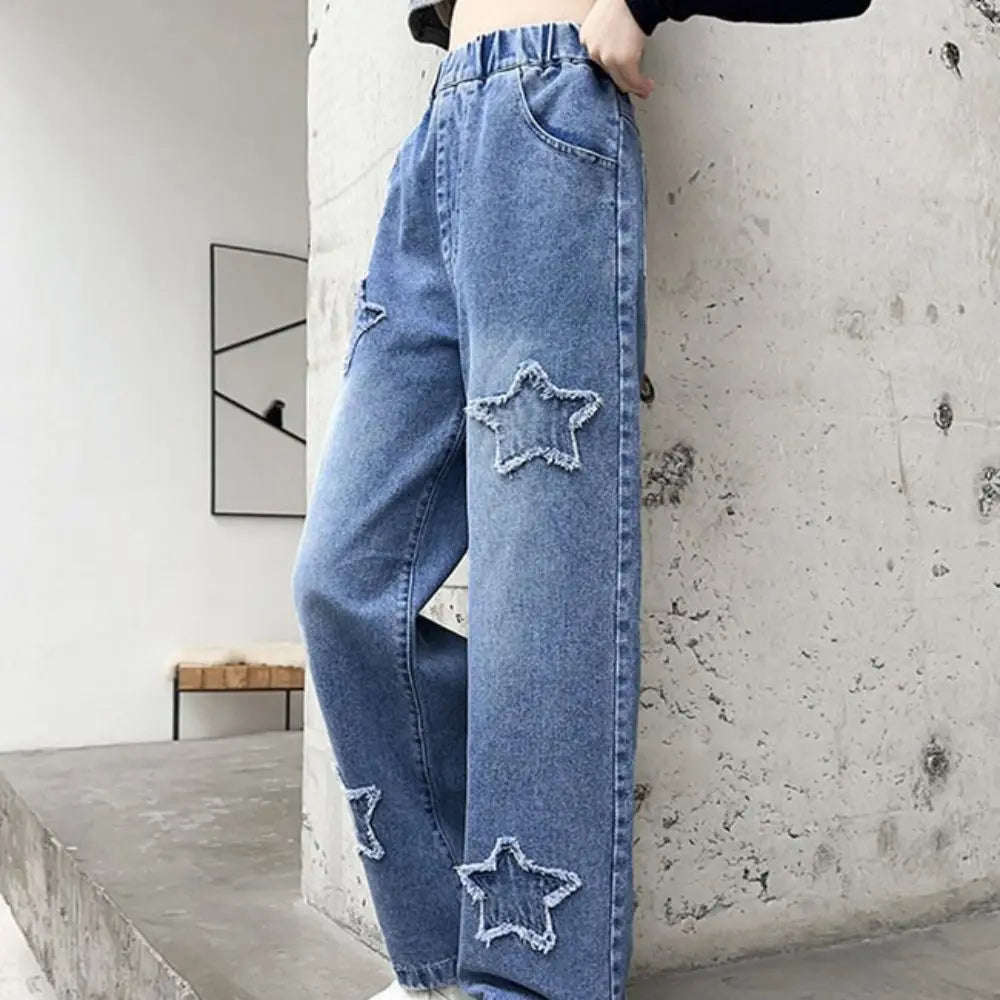 Embroidered Stars Teens Girl Jeans Loose High Waist Children Y2K Jeans Wide Leg Cowboy Pants Girls Denim Trousers Streetwear