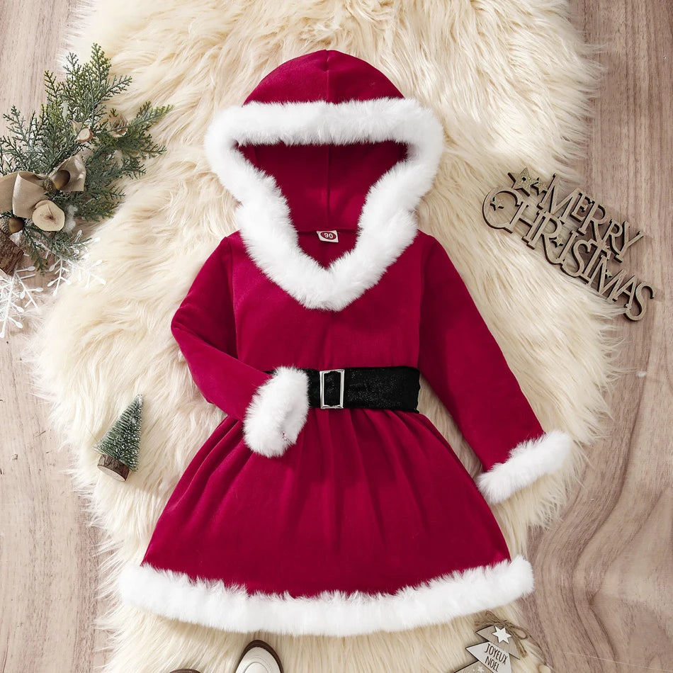 Children Christmas Party Dress Velvety with Fluffy Trim Hooded V-Neck Xmas Gown with Waist Bow Girl Red Christmas Dress